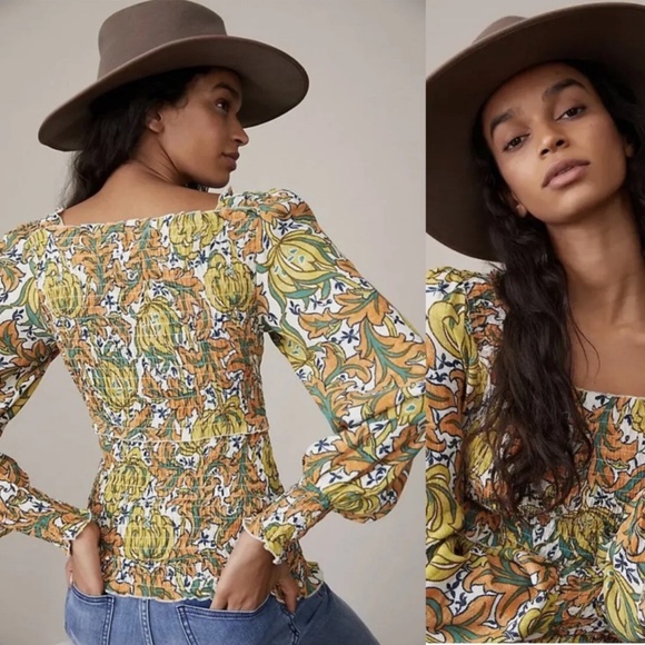 Anthropologie The Rayna Relaxed Smocked Yellow Floral Long Sleeve Mesh Blouse - Picture 2 of 10